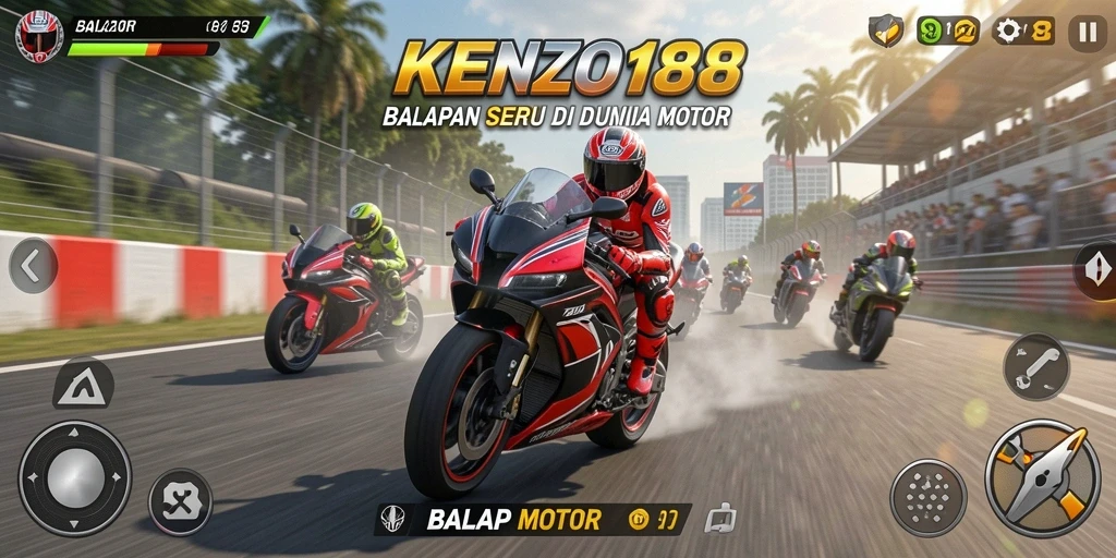 Tampilan antarmuka KENZO188 dengan motor balap yang siap melaju.